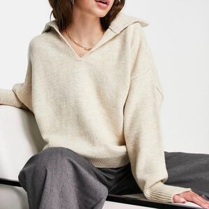 Topshop Cream V-Neck Collared Sweater